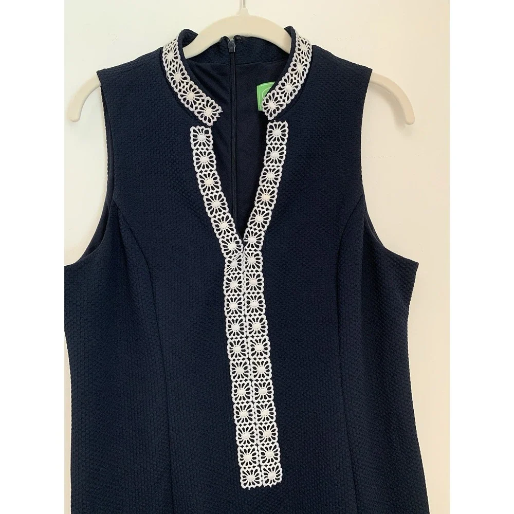 Pappagallo Sheath Dress Sz 10 Navy Blue White Lace Trim Sleeveless Career Preppy - Picture 2 of 10